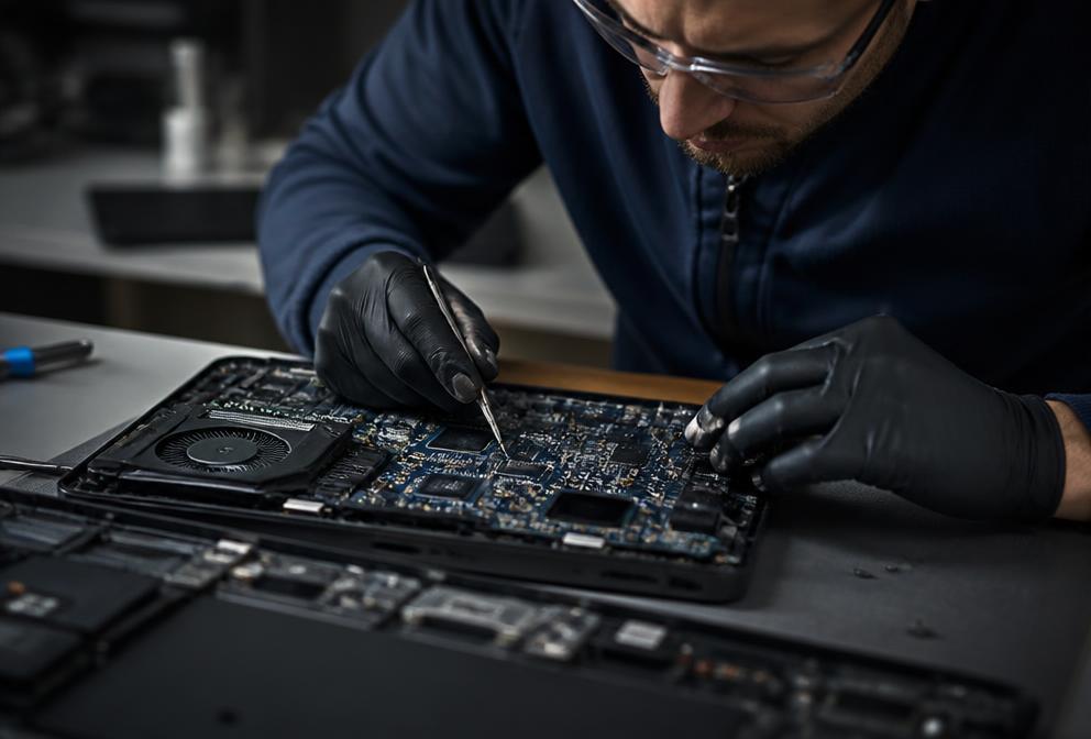 Technician repairing a laptop motherboard
