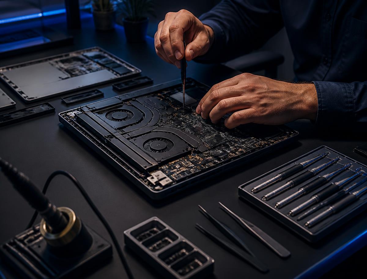 Technician repairing a laptop motherboard at a professional workbench
