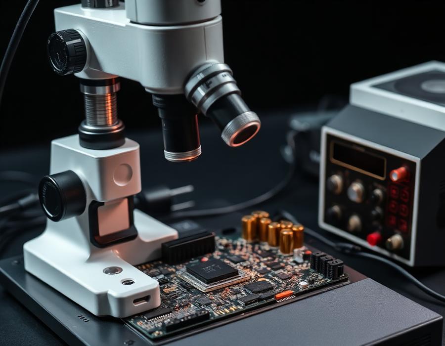 Stereo microscope and soldering station over a laptop motherboard