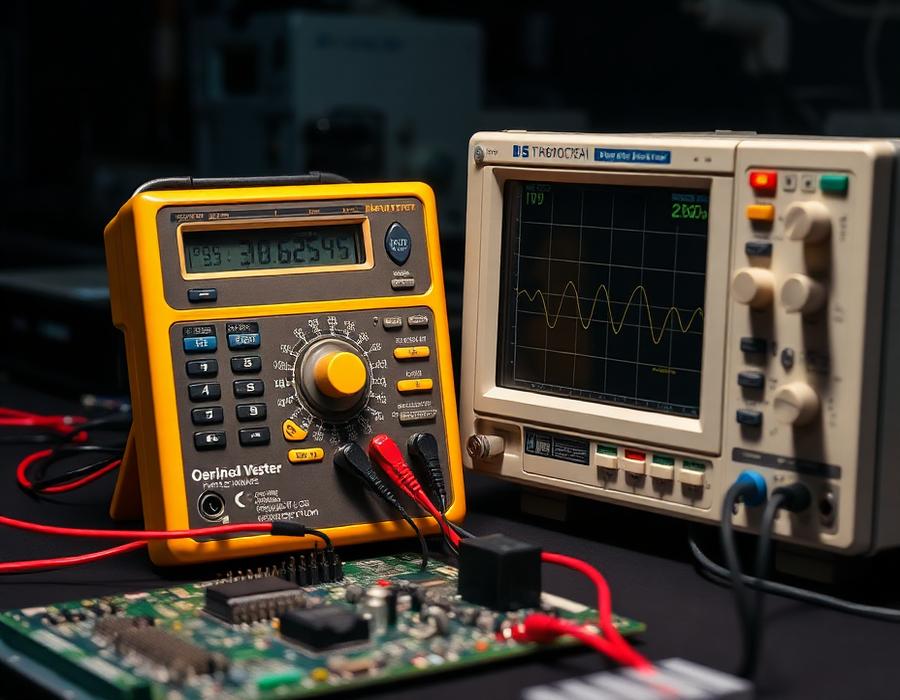 Digital multimeter and oscilloscope testing equipment on a workbench