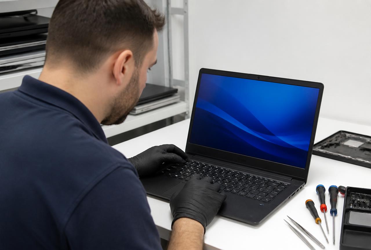 INIT SYSTEMS technician testing a refurbished laptop